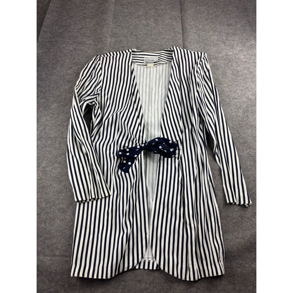 Vintage Stella USA Women M Navy White Striped Open Front Jacket Polka Dot Bow